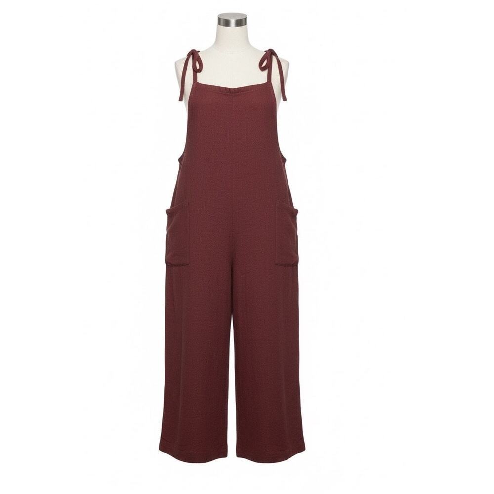 Meo Meli 100% Linen Burgundy Cropped Wide Leg Jumpsuit OS Coastal Vacation Boho